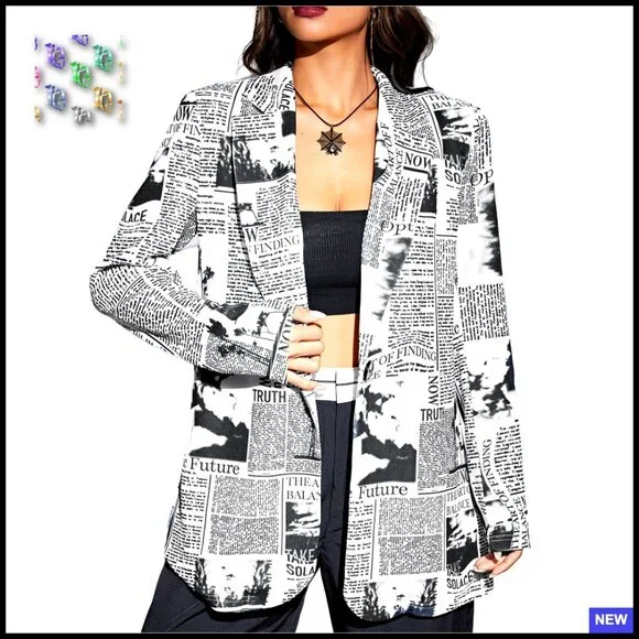 Newspaper Print Blazer Lapel Collar Long Sleeve Work Office Jacket Soft Stretch - Picture 1 of 7